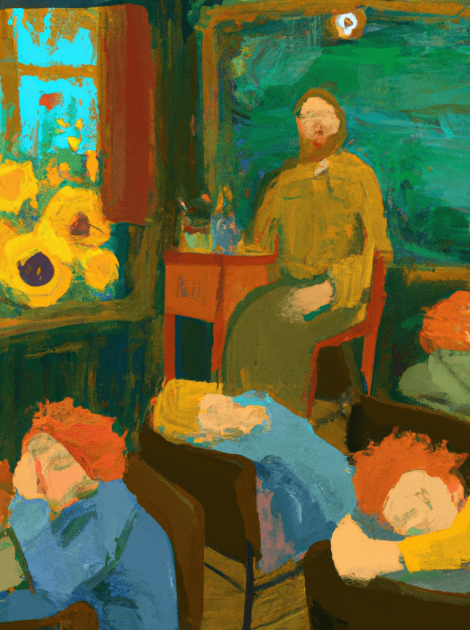 DALL·E 2022-09-26 23.17.46 - teacher in front of sleeping kids in a classroom painted in the style of Vincent van gogh