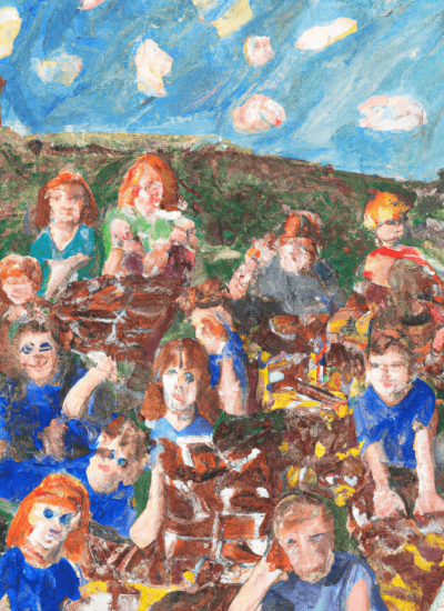 DALL·E 2022-09-26 23.19.17 - 10 kids on a hill eating piles of chocolate painted in the style of Vincent van gogh